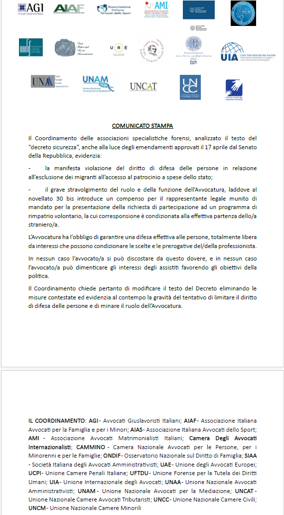 Comunicato sul ”decreto sicurezza“ coordinamento Ass. Specialistiche